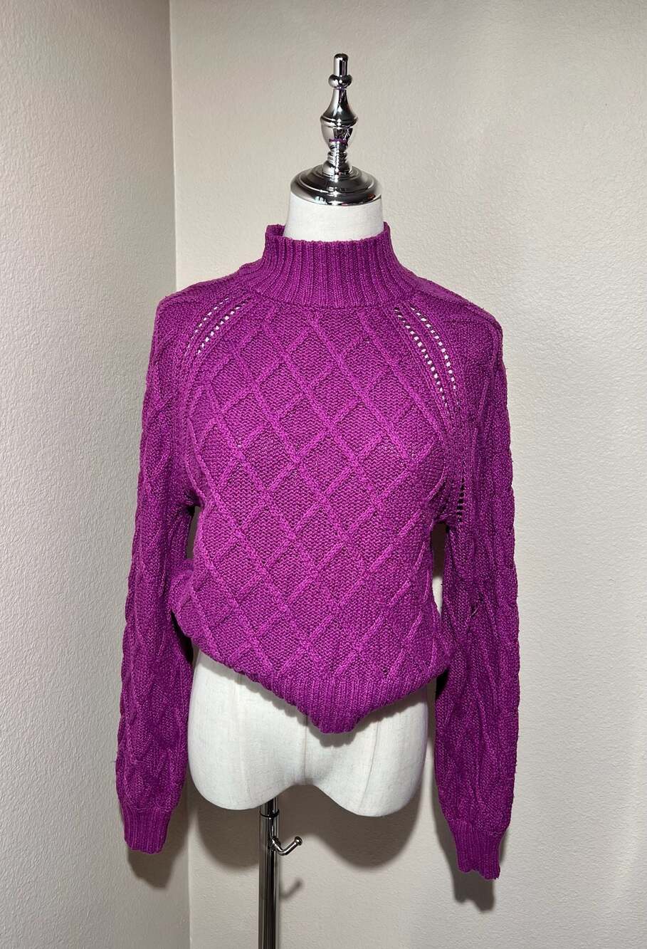 American Eagle Purple Diamond Cable Knit Mock Neck Sweater